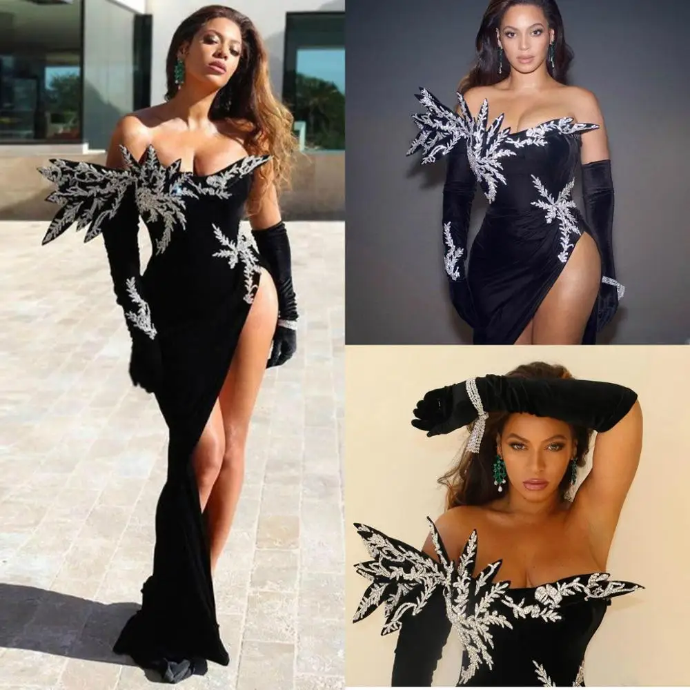 

Black Side Split Mermaid Evening Dresses Detachable Long Sleeve Lace Appliqued Beads Prom Dress Plus Size Formal Party Dress