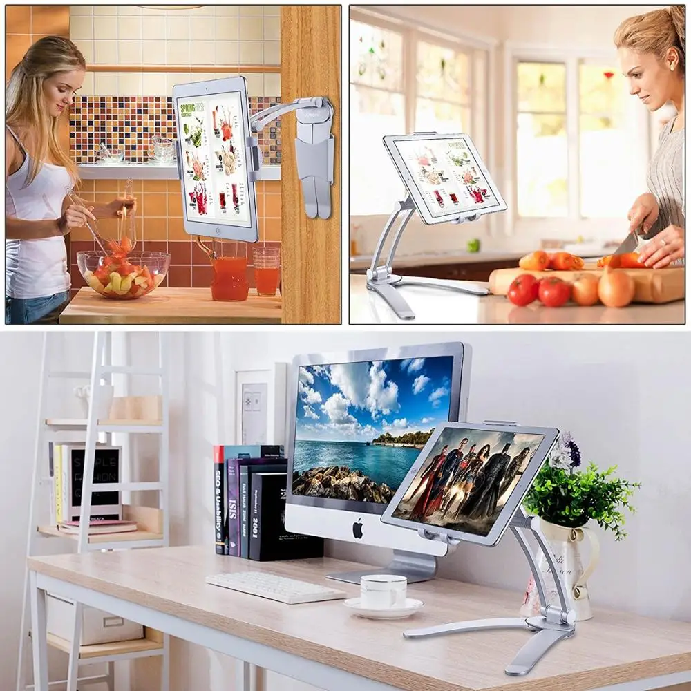 aluminum kitchen desktop phone tablet holder stand 2 in 1 wall mount adjustable 12 5 19cm width tablet phone mount for ipad free global shipping