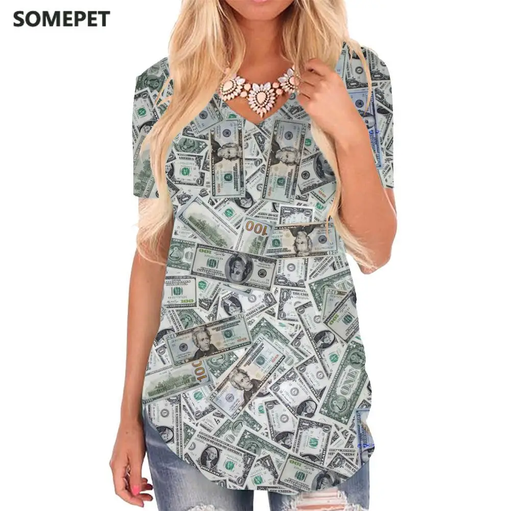SOMEPET доллар футболка женская денег рубашка Печать на холсте с v-образной