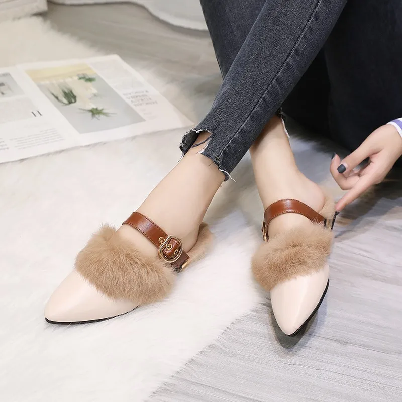 

Real Fur Slippers Shoes Woman 2019 Mules Women's Furry Slippers Winter Warm Women Shoes Fashion Slippers Rabbit Hair