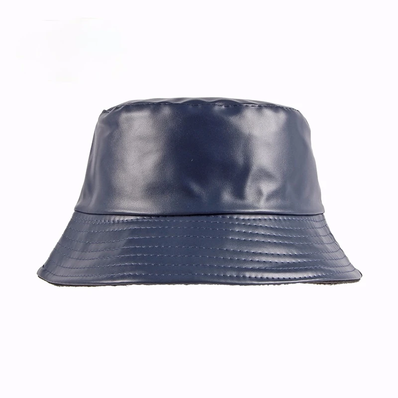 

2021 New Winter Unisex 56-58cm Faux Leather Fisherman Cap Pure Color Bucket Hats Add Velvet Keep Warm Simplicity Retro Free Size