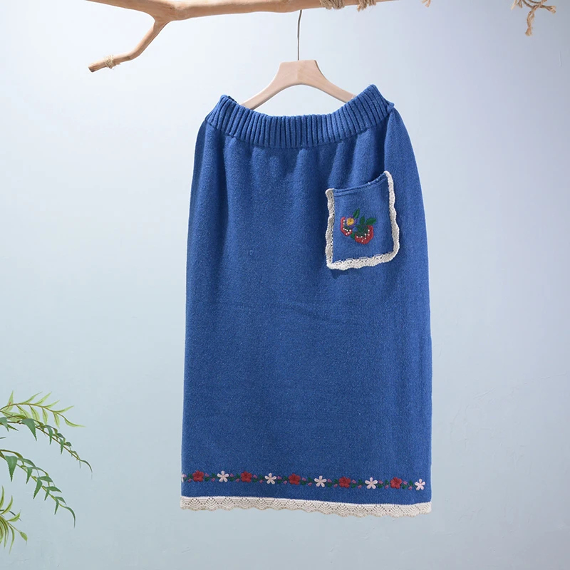 

Новая Осенняя трикотажная юбка с эластичной резинкой на талии; Повседневные юбки с карманами и вышивкой; N21-117