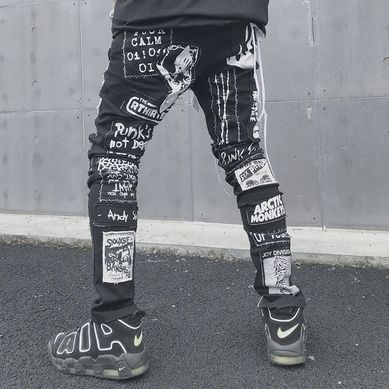 Men's Holes Skinny Jeans Pants Streetwear Letter 2019 Ripped Slim fit Biker Denim Hip Hop Men Destroy Pant MG270 | Мужская одежда