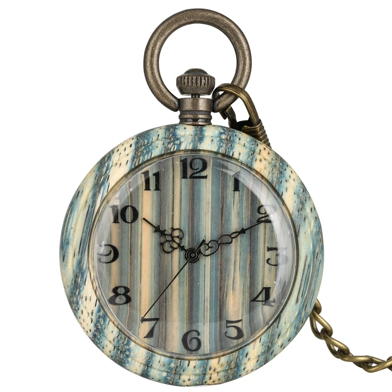 Light Green Mixed Color Bamboo Wood Quartz Pocket Watch Fashion Arabic Numbers Wooden Fob Clock + 30cm Chain Relojes de bolsillo | Наручные
