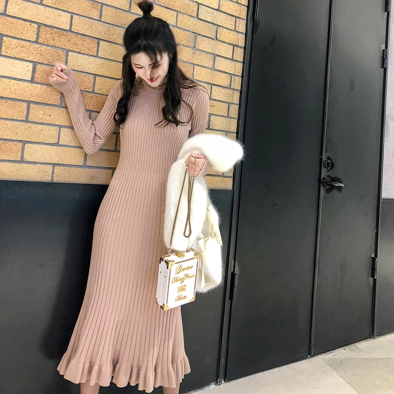 Женский трикотажный свитер с длинным рукавом облегающее черное платье макси