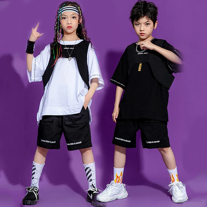

Summer Hip Hop Dance Clothes Loose White/Black T-Shirt For Girls Jazz Practice Wear Boys Sport Wear Stage Costume Suit BL6355