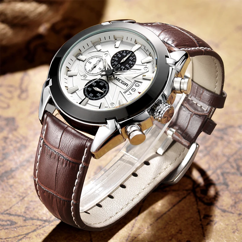 

MEGIR Leather Mens Watches Top Brand Fashion Quartz Watch Men Clock Causal Army Military Wristwatch Man Relogio Masculino