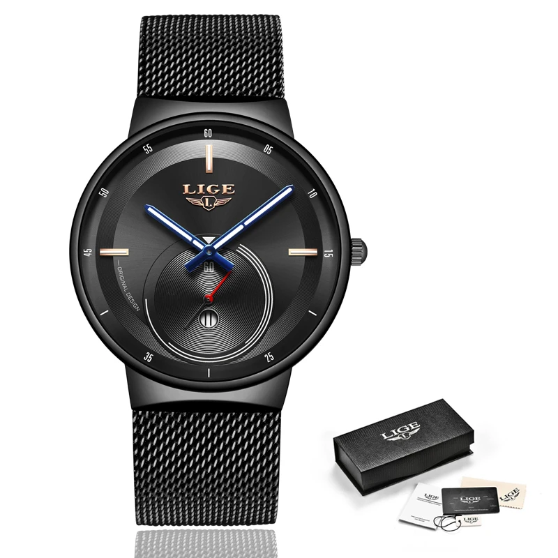 

Mens Watches 2020 LIGE New Fashion Casual Black Quartz Watch Men Unique Dial Sport Waterproof Male Clock Relogio Masculino+Box