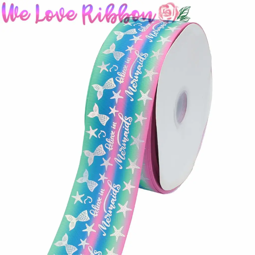 3&quot75mm Black Pink Ink Print Starfish Gradient Color Grosgrain Ribbon Hologram Silver Foil Mermaid Tail Glitter Seahorse 50yards | Дом и