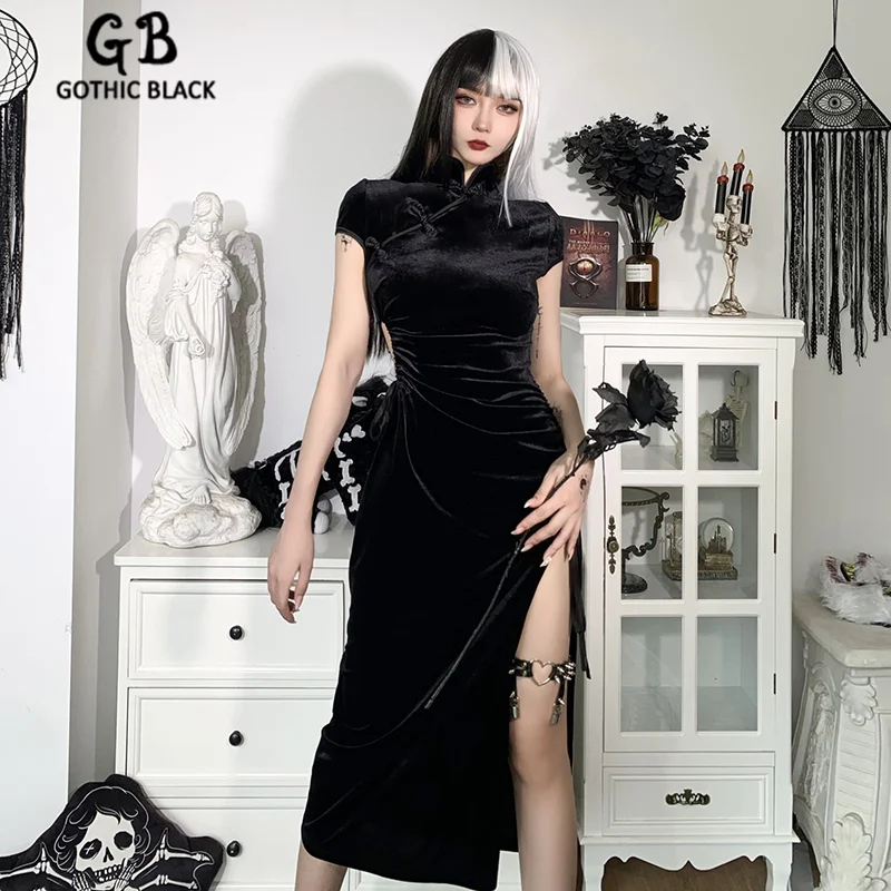 

Gothblack Sexy Vintage Short Sleeve Slim Cheongsam Women Solid Waist Hollow Out High Split Dress Summer Elegant Party Dresses