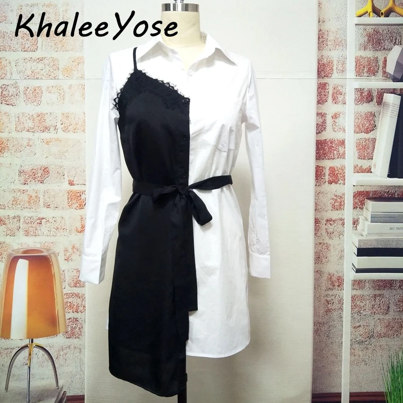 KHALEE YOSE белое черное платье-рубашка осень-весна с длинным рукавом женские