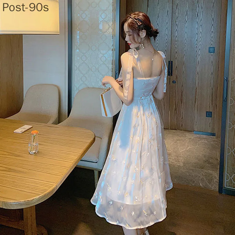 

Korean Style Elegant Strap Dress Women Sleeveless Floral Design Fairy Dress Evening Party Dress for Females 2021 Summer Chic