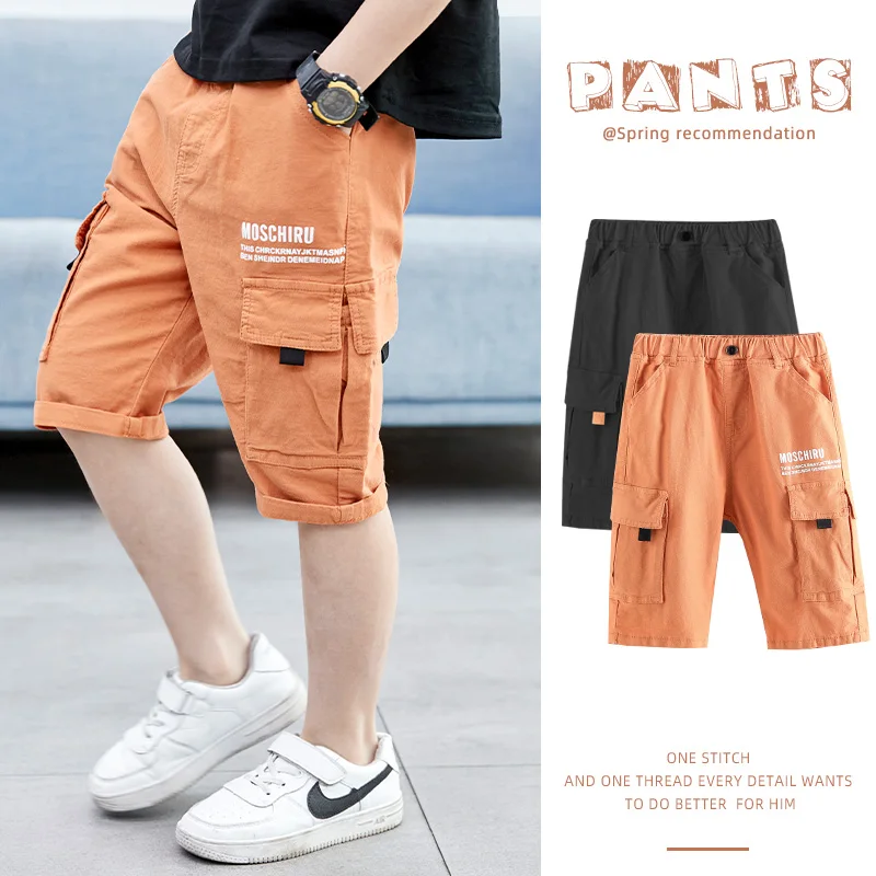 

Kids Boys Shorts Casual Solid Colors Elastic Waist Boys Cargo Pants Summer Calf Length Kids Trousers Soft Pants Children Clothes
