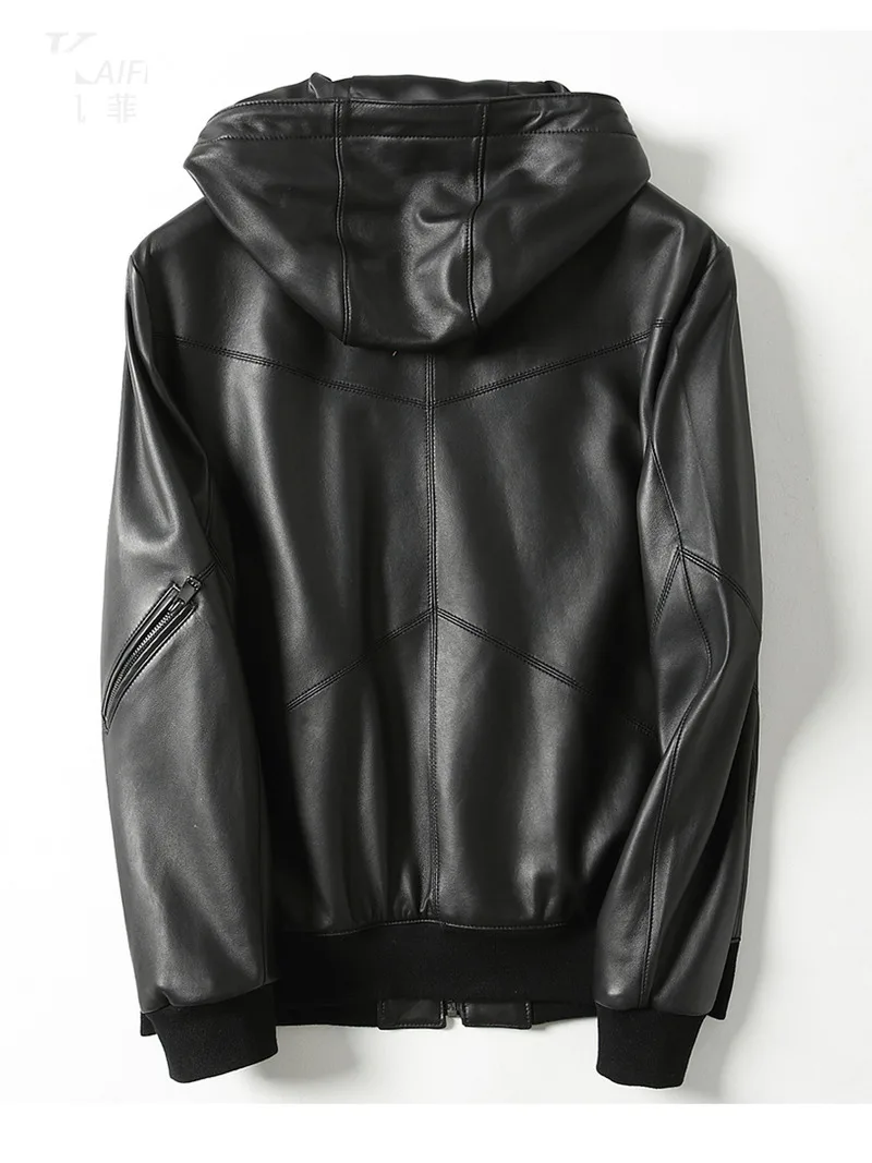 Мужская куртка бомбер с капюшоном из натуральной овечьей кожи KJ2162|Мужские