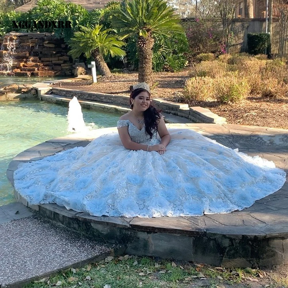 

Beautiful Ball Gown Quinceanera Dress 2022 Tulle Appliques Long Blue Sleeveless Sweet 15 16 Birthday Party Sweep Train