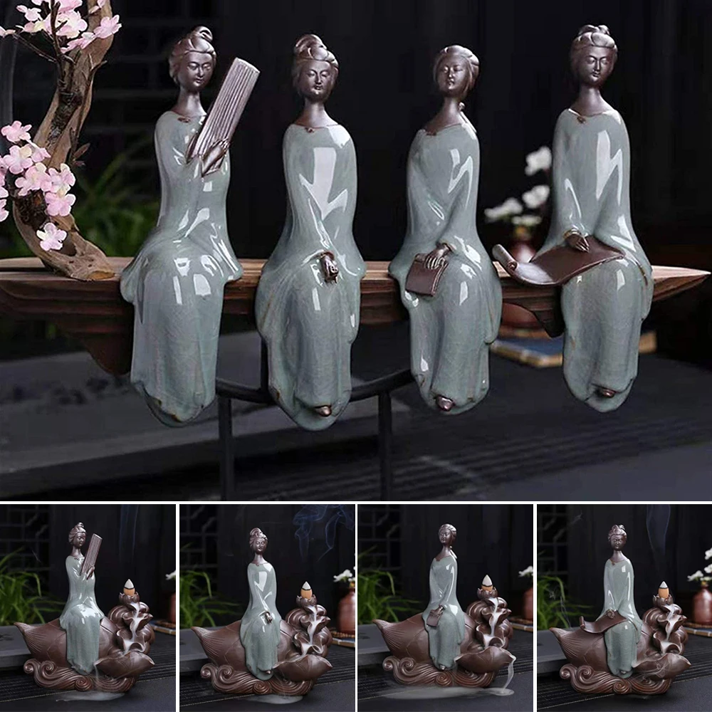 

Backflow Incense Burner Lady Piano Chess Calligraphy and Painting Ceramic Incense Ornaments for Home Office NIN668