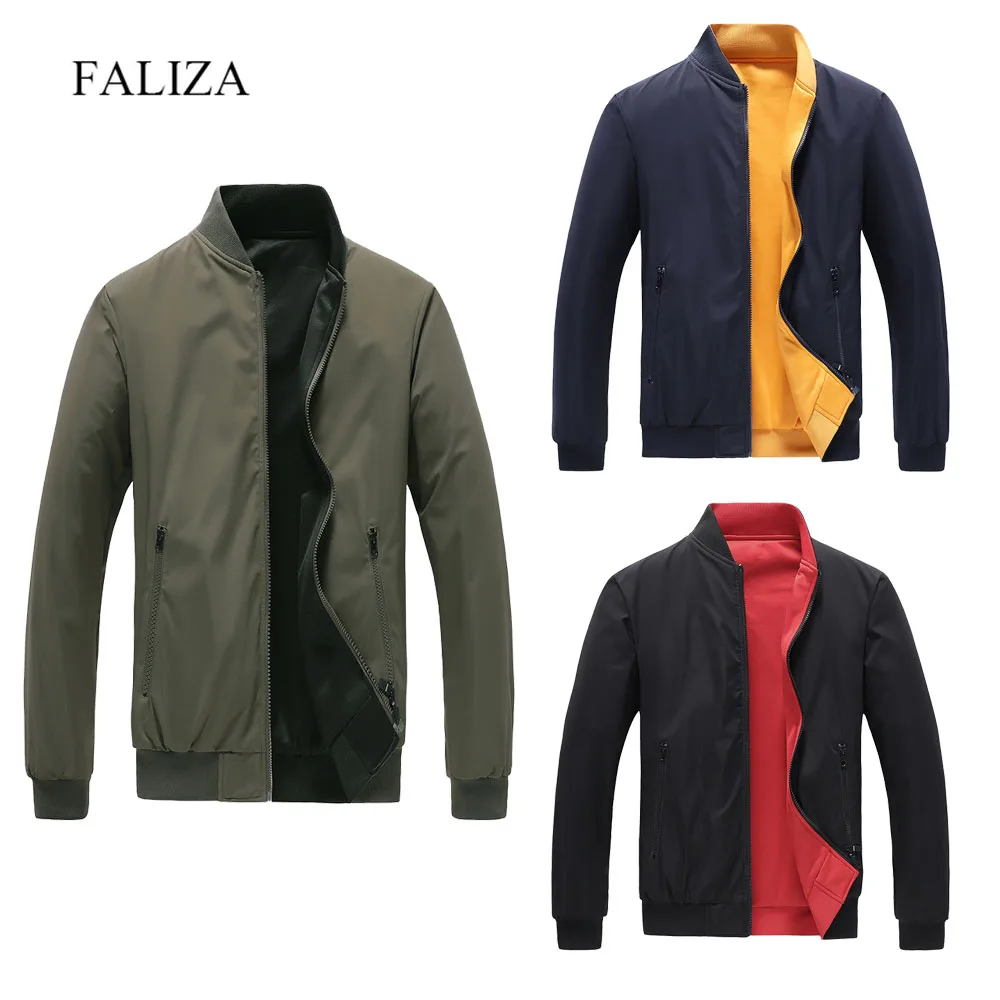 

FALIZA Thin Mens Jackets Autumn Wearing Two Sides Windbreakers Stand Collar Baseball Coats Jacket Male Streetwear Clothes BN817