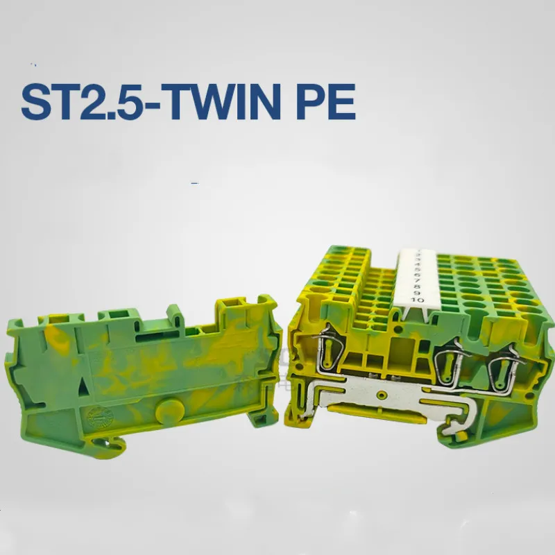 10 Pcs ST2.5-TWIN PE Slideway Type Spring Terminal Block 2.5MM Square One Into Two Yellow Green ST 2.5 -TWIN PE