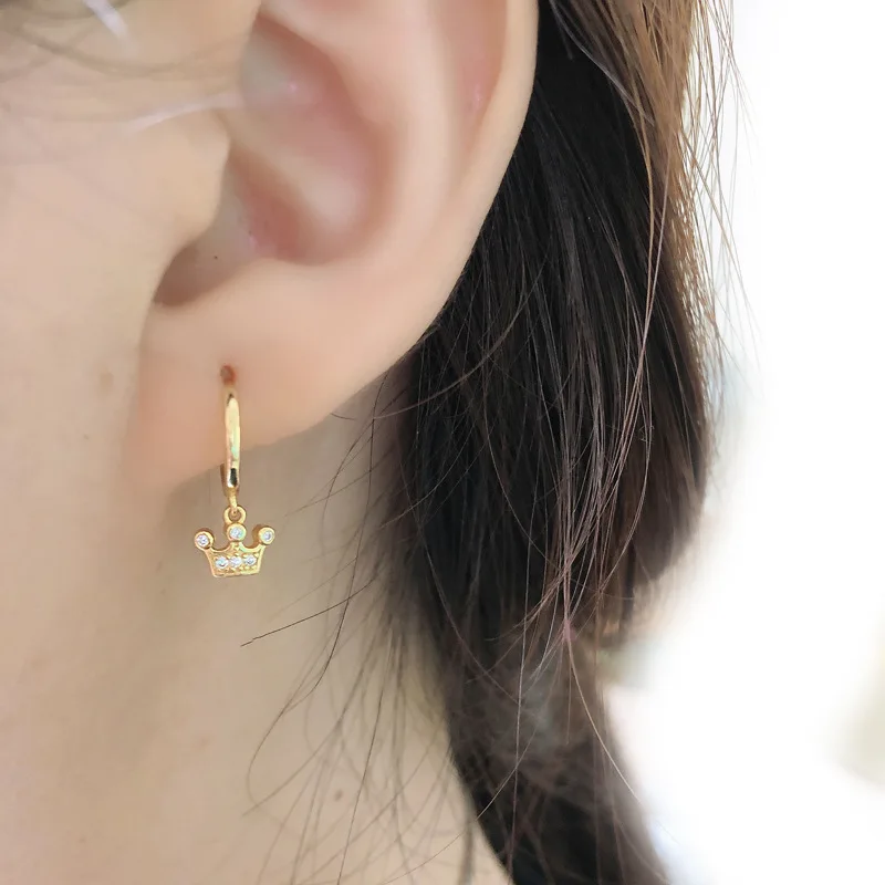 

OUFEI Crown Earring Real 925 Sterling Silver Women Zircon Round Crystal Small Charm Women Earrings Jewelry Accessories