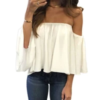 spring summer fashion stylish women off shoulder casual blouse shirt tops strapless pure solid color bell puff sleeve tops
