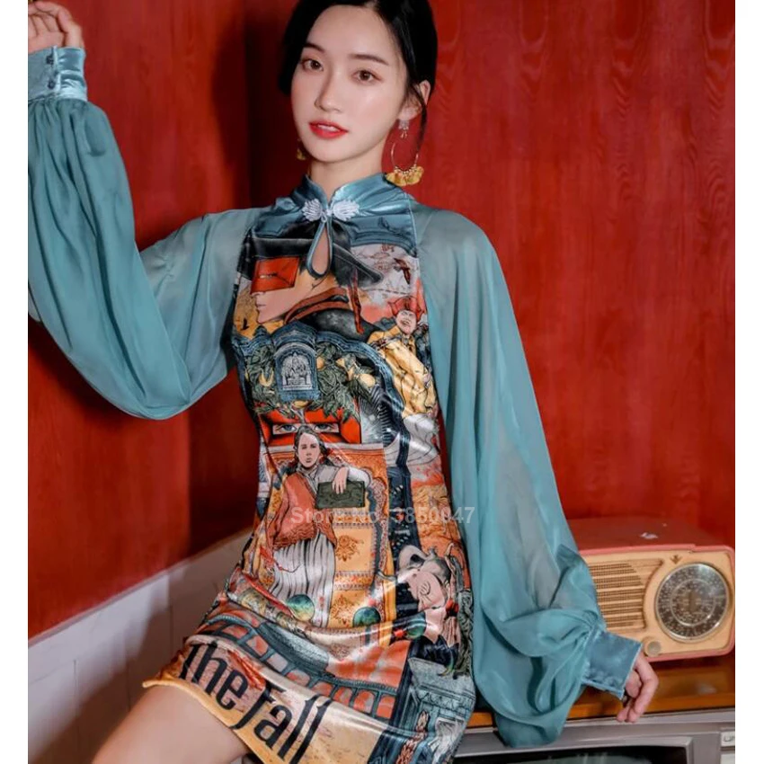 Женское китайское платье Chenogsam с принтом вечернее рукавами-фонариками