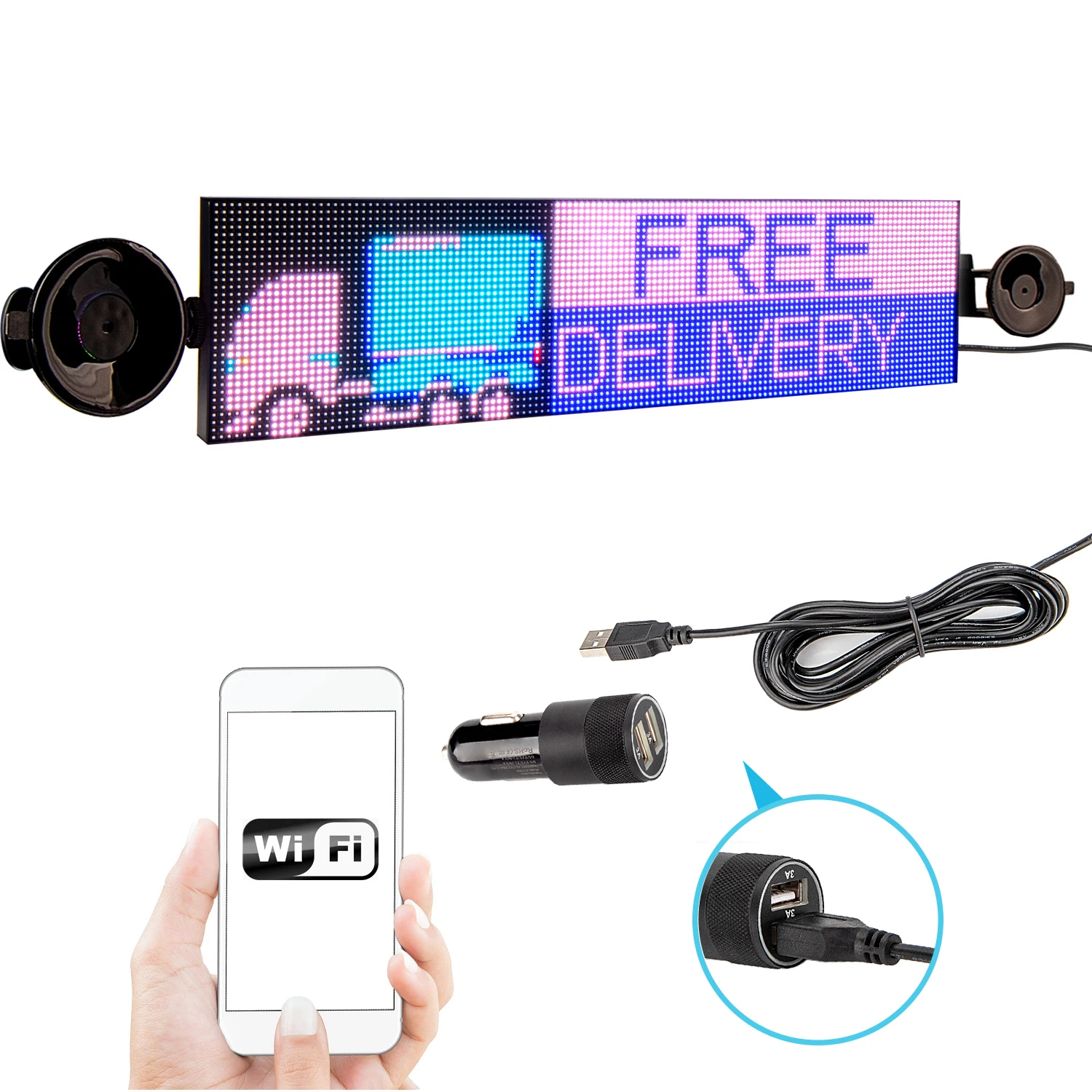 WiFi LED Sign RGB Full Color Led Advertising Display Programmable Scrolling Text Led Board for Business Store Car Window P4 52cm