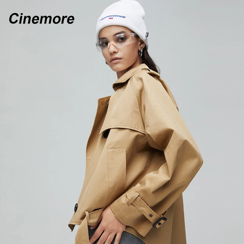 Женский двубортный плащ из хлопка Короткая свободная верхняя одежда 9018 | Женская