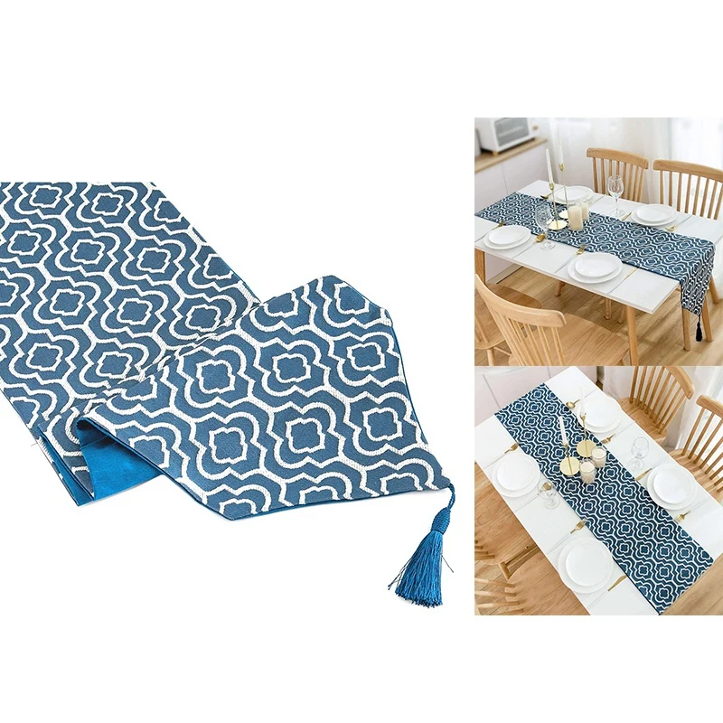 

Blue Table Runner Jacquard Coffee Table Runner With Tassels Dresser Scarf For Home Decor, Party, Wedding