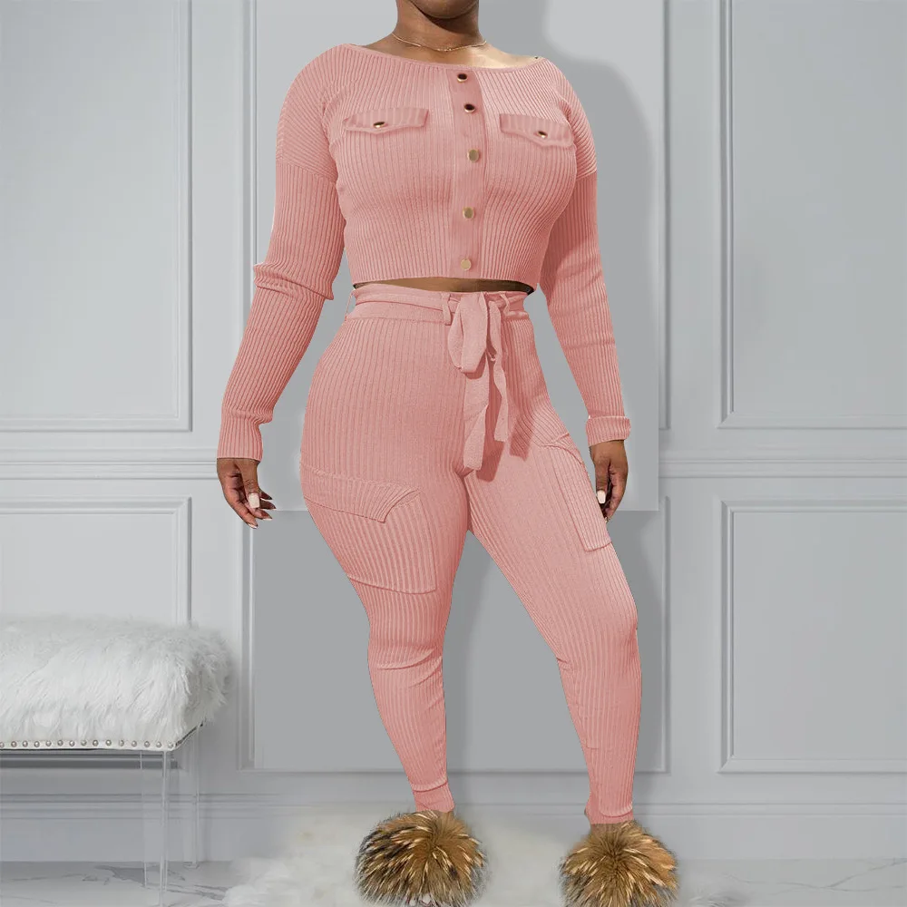 winter autumn set Echoine осенний Женский трикотажный ребристый сексуальный комплект из 2 предметов, укороченный топ и брюки-карандаш, подходящие комплекты, облегающий клубный спортивный костюм - Цвет: winter autumn set