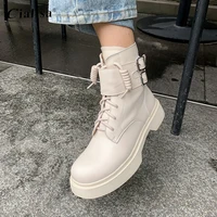 kanseet women shoes 2020 fashion metal decoration white warm ankle boot genuine leather handmade round toe mid heel lace up boot