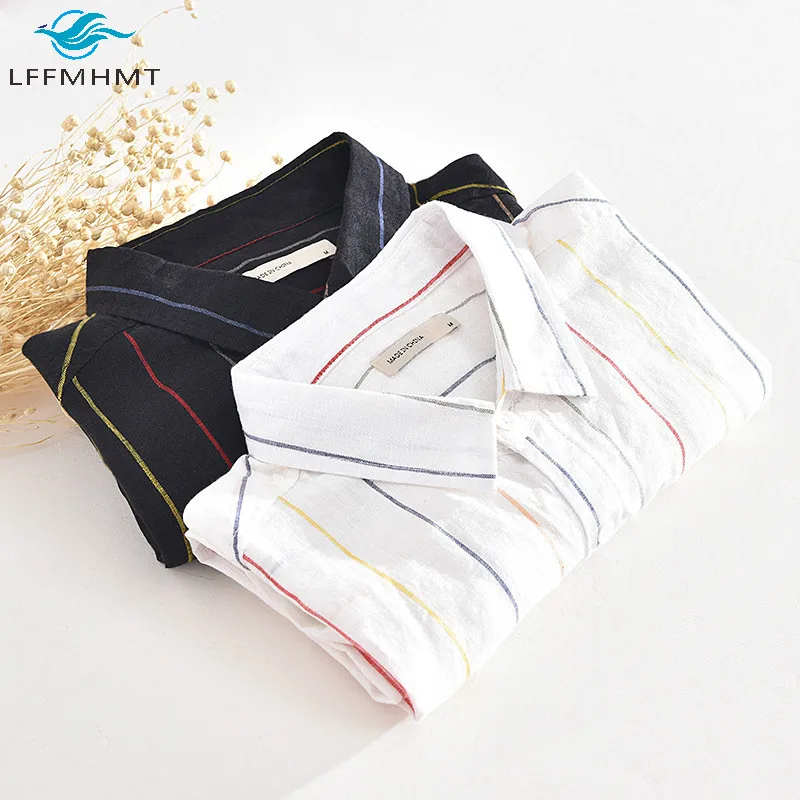 1708 100% здоровая льняная Модная рубашка с коротким рукавом и отложным воротником