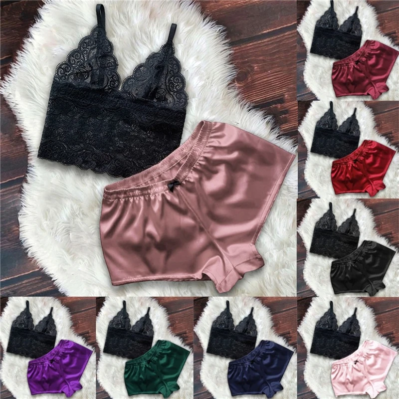 

2 Pcs Sexy Lingerie Solid Color V-Neck Lace Sleeveless Crop Top+Underpants Shorts For Women Exotic Sets