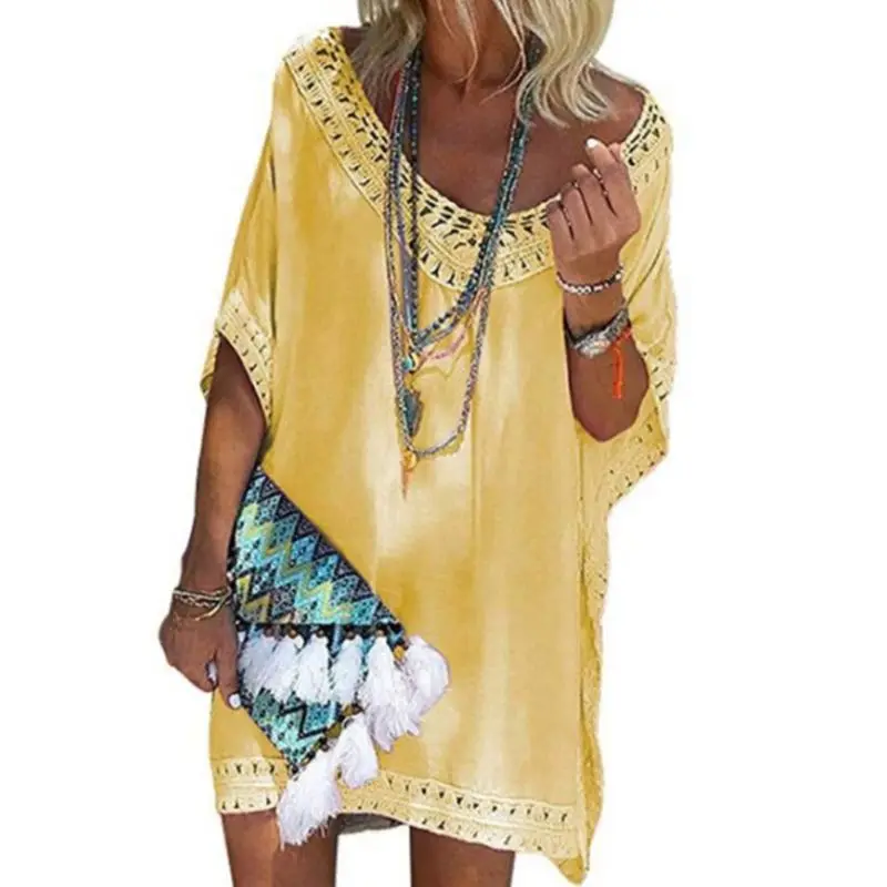 

Womens Vacation Solid Color Swimsuit Cover Up Hollow Crochet Patchwork Oversized Beach Dress Deep V-Neck Off Shoulder Tunic Tops