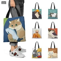 korean simple cartoon cat women canvas handbag high quality cute eco shopping bag leisure travel large capacity shoulder bag
