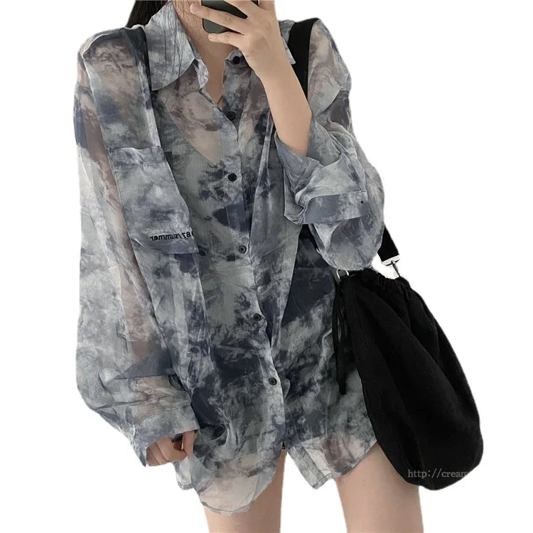 

Summer Loose Transparent Tshirts Women Lantern Long Sleeve Korean Fashion Chic Thin Sun Protection Shirts Casual Tops Female
