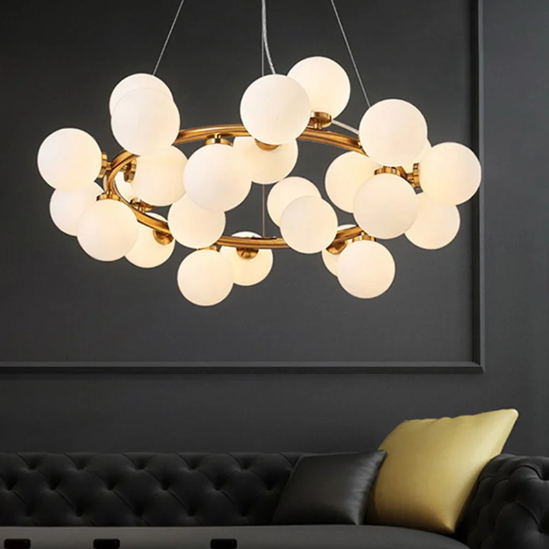 Lámpara de araña LED de bola de vidrio blanco moderno, estilo nórdico, decoración para sala de estar, comedor, cocina, iluminación para el hogar, dorado Negro