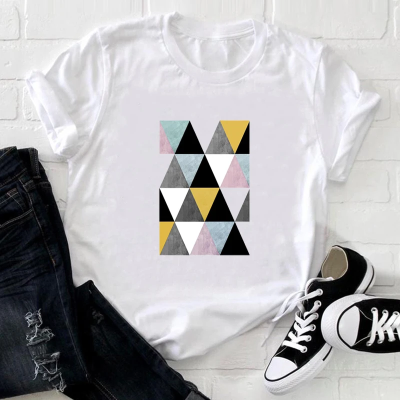 

Korean Harajuku T-Shirts Women 2021 Triangle Tie-Dye Geometry Sun Mountain Deer Designer Clothes Graphic Cool Women T-Shirts