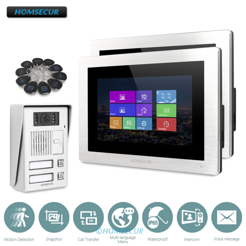 HOMSECUR 7 дюймовый видеодомофон для входной двери с голосовым сообщением 2 квартир