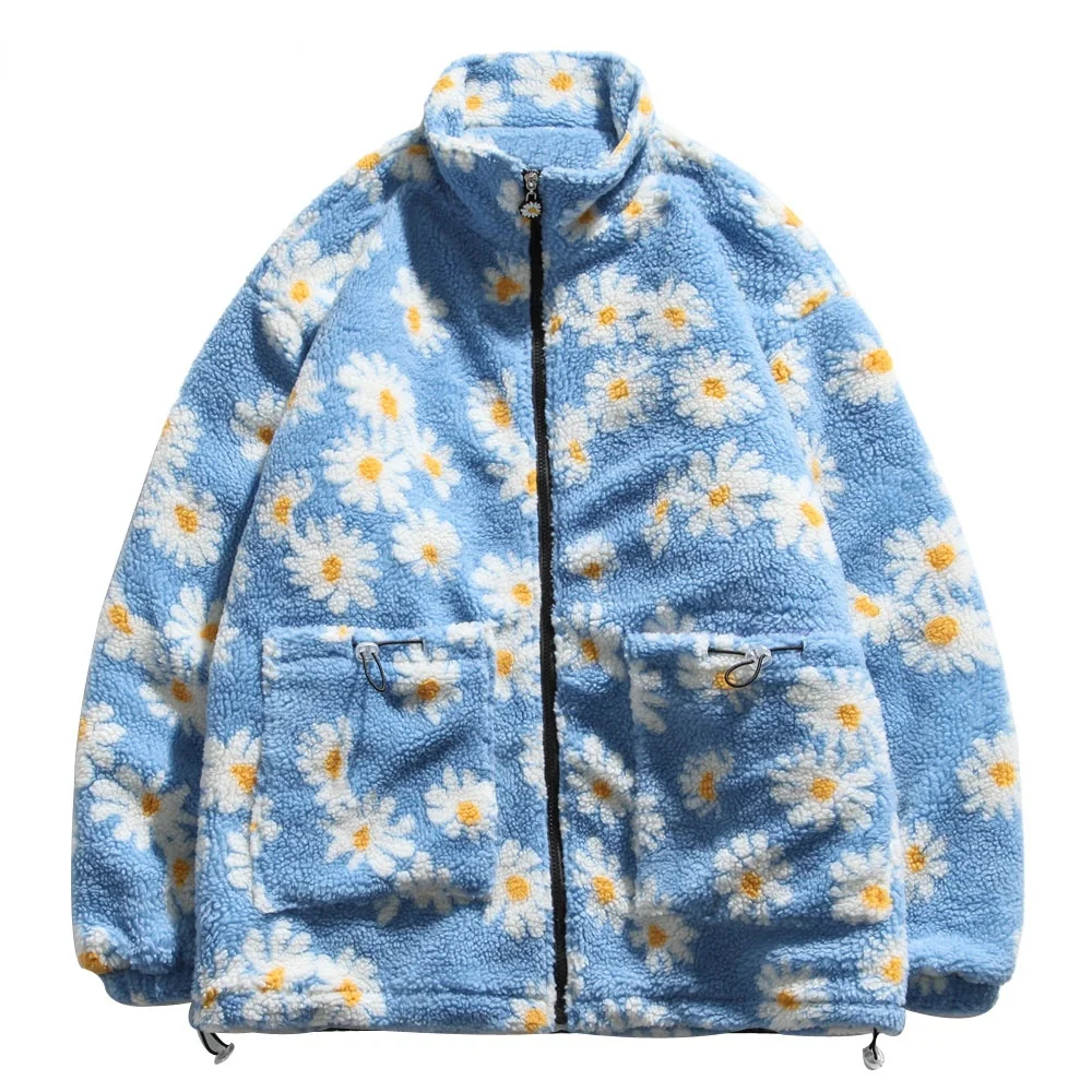 

Cotton Padded Thick Parkas Jackets Streetwear Hip Hop Daisy Print Fleece Warm Full Zip Coats Fashion Harajuku Outwear