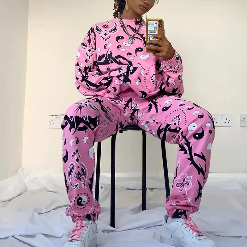 

Autumn New Print Leggings drawstring sweatpants Street dress pink pants hoodless loose sweater set sweatpants anime pants