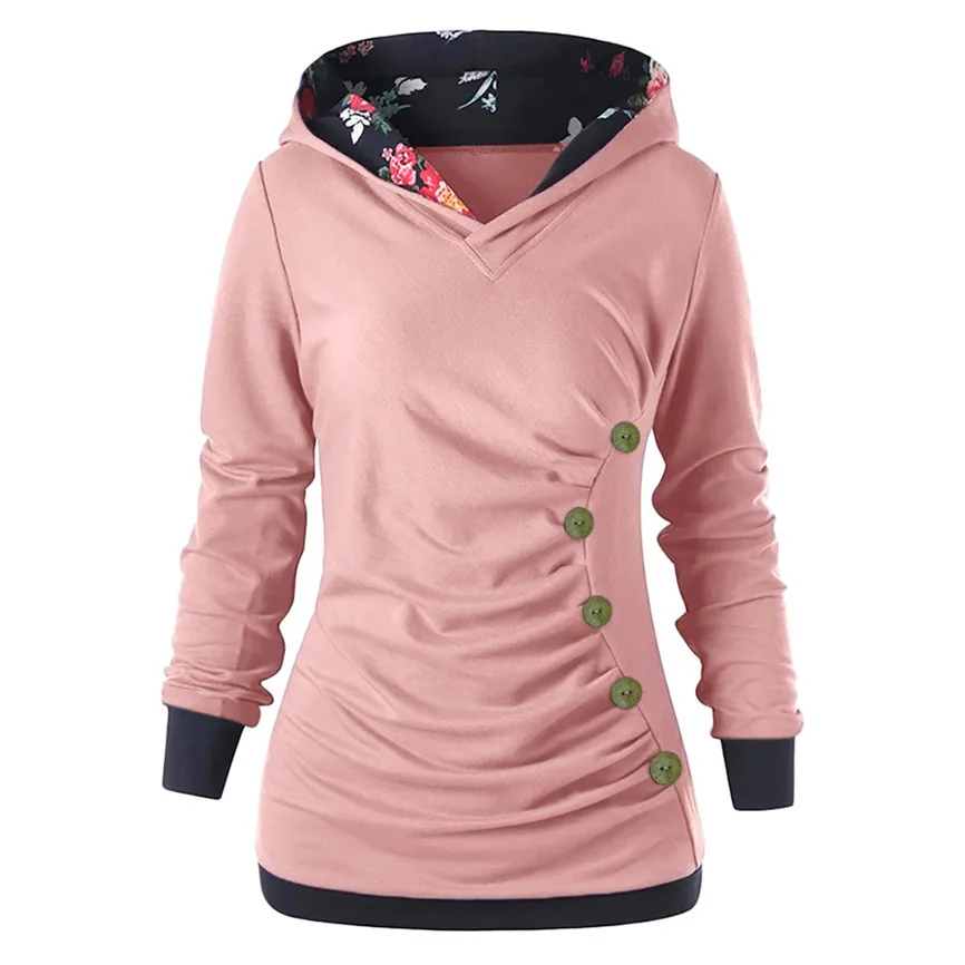 Hoodies Women Sweatshirt Button Floral Patchwork Long Sleeve Hooded Autumn Spring Pullovers Sudadera Mujer Moletom | Женская одежда