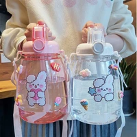 1300 ml large capacity outdoor sports water bottle with straw strap creative cute sticker portable plastic kids sippy water cup