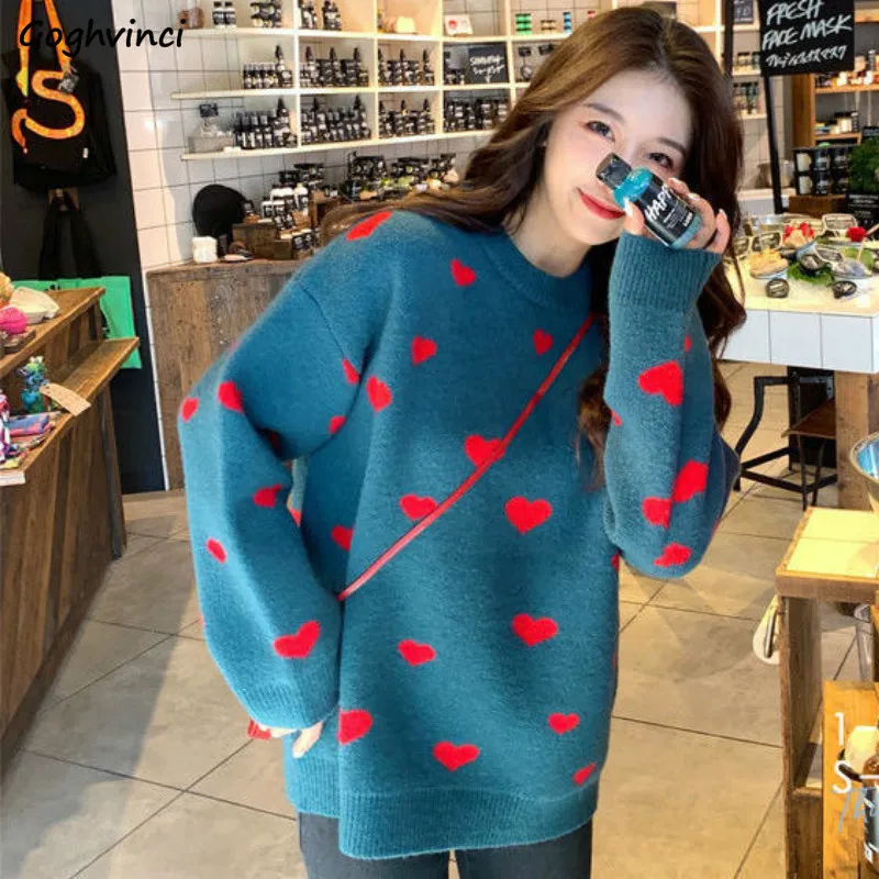 

Women Pullovers O-neck Heart Printed Knitting Lovely Sweet Trendy Leisure All-match Popular Soft Daily Sweater Spring Female New