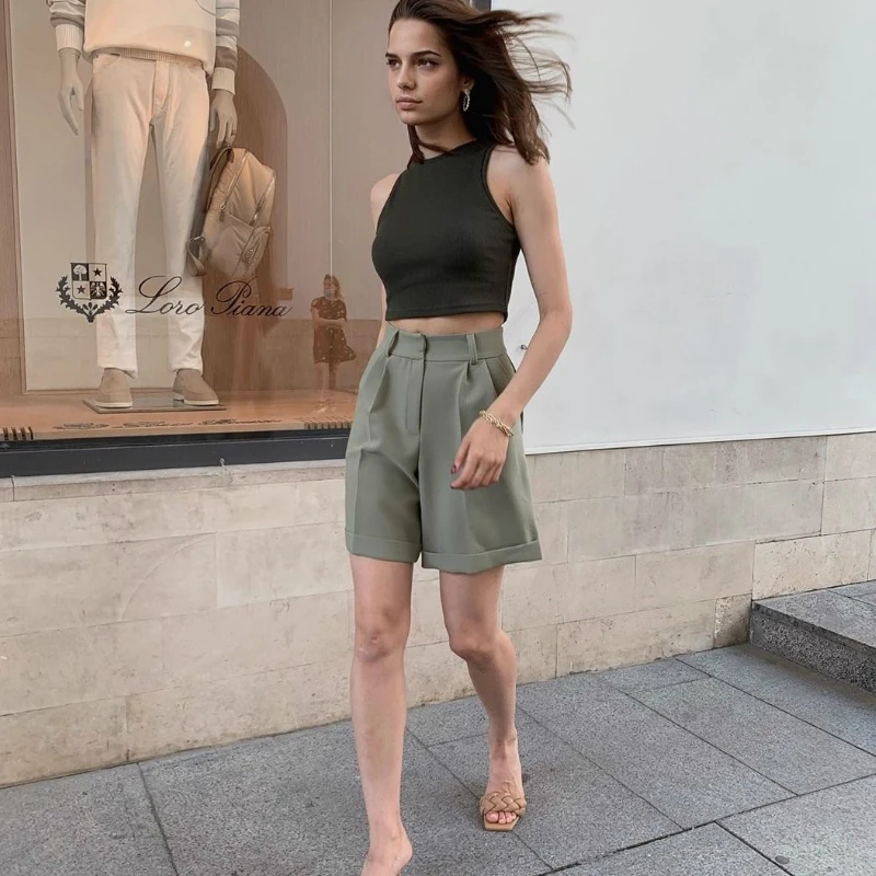 

Womens Fashion Knee Length Shorts Office Lady Loose Wide Leg High Waist Shorts Bottoms Harajuku Korean Chiffon Shorts Feminino