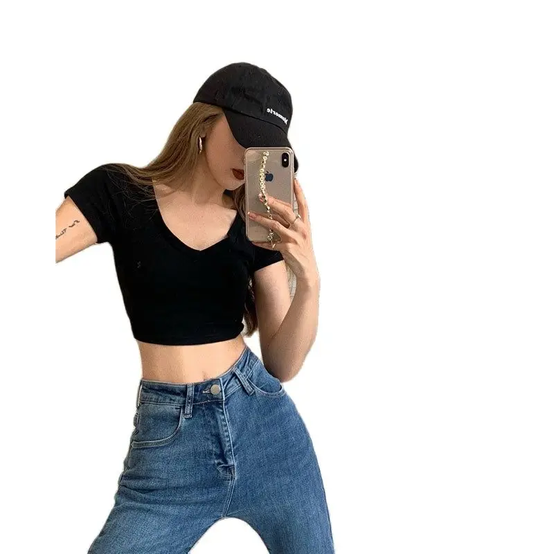 

Slim V-neck High-waisted Short-sleeved T-shirt Women 2021 Summer New Elastic Open Umbilical Short Sexy Hottie Top