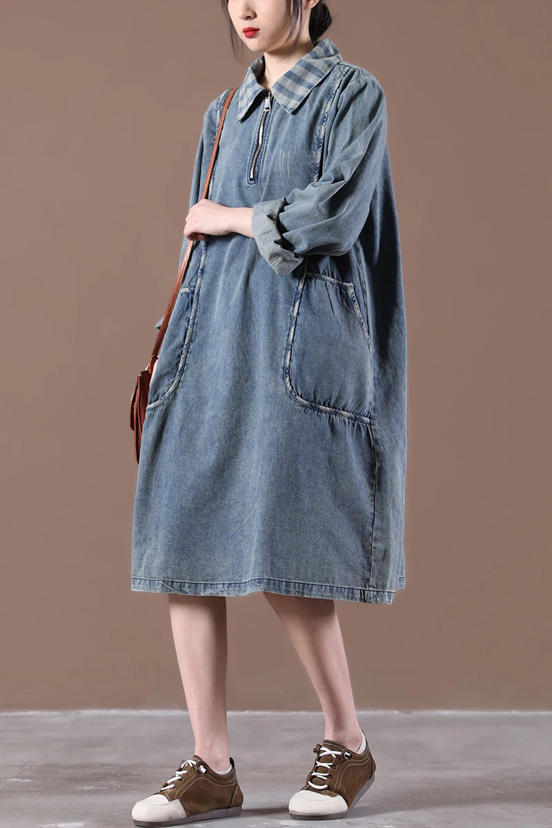

SuperAen New Spring 2021 New Loose Plus Size Plaid Turn Down Collar Half Zipper Denim Dress for Women