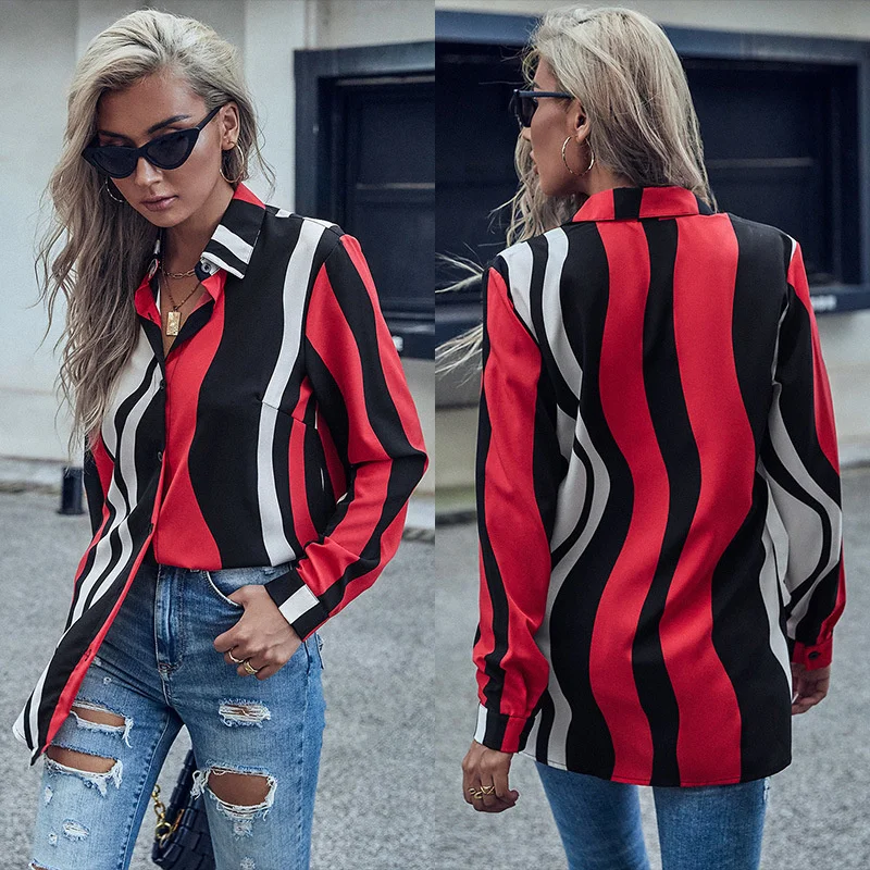 

2021 Autumn New Women's Dress Red Stripe Lapel Long Sleeve Bottomed Shirt