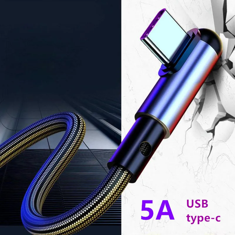 

USB Cable Type C USB - c 90 Right Angle 5A Fast Charger USB C Nylon Cable For Huawei Xiaomi 10 30 P40 Born For Playing Game