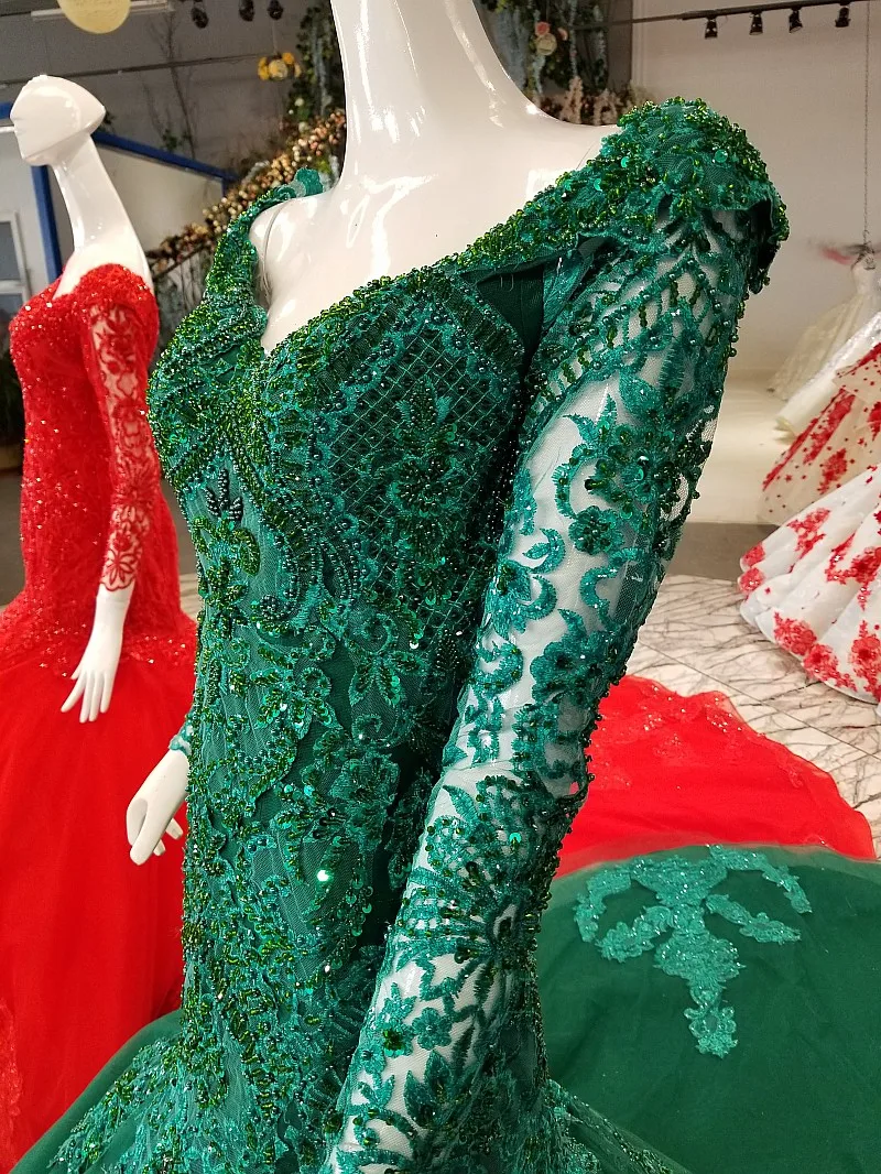 BGW HT3272 Green Mermaid Evening Dress With Handmade Beadings Long Sleeve V-neck Shiny Dress For Party With Train As Photos 2020