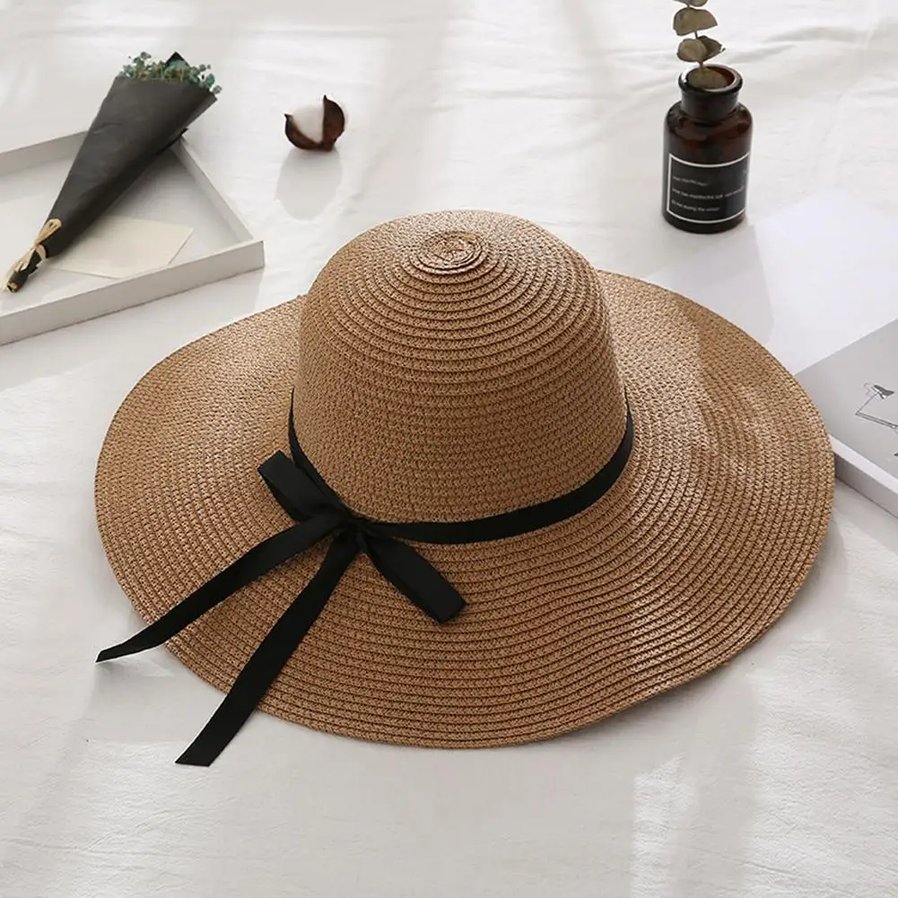 

NewWomen Summer Travel Beach Casual temperament UV Protection Bowknot Wide Brim Straw Hat Sun Cap кепка женская 2021